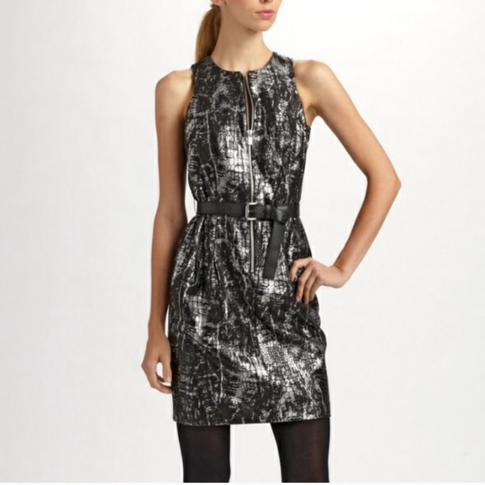 Michael Kors front zip metallic belted dress sz 0
